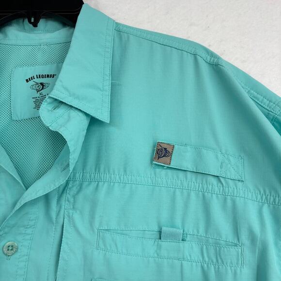 Reel Legends Button Up Shirt Mens XL Aqua Blue Short Sleeve Fishing Vented Back - Picture 6 of 11